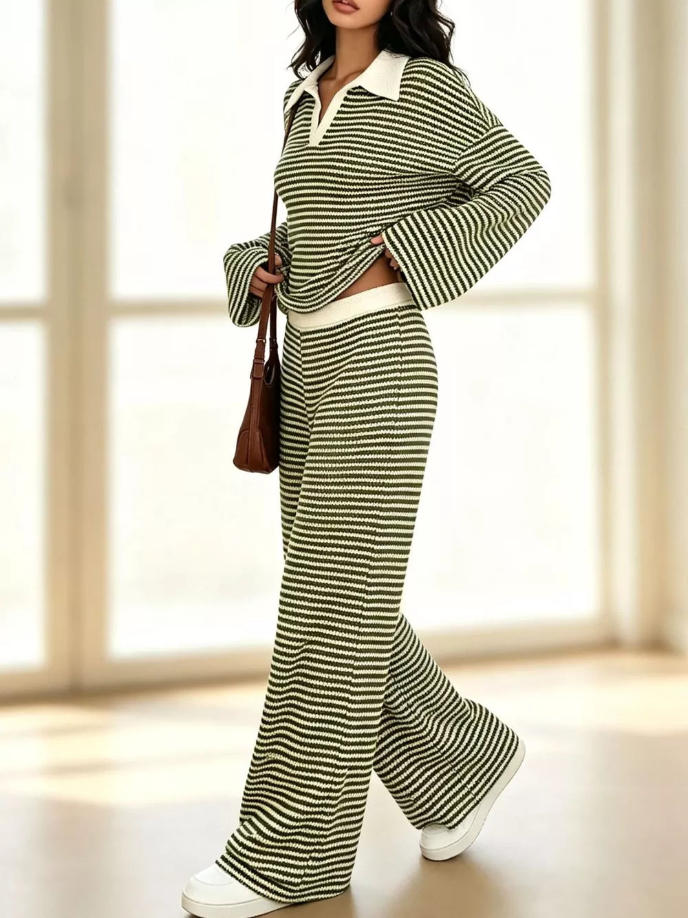 Striped Long Sleeve Polo And Wide-leg Pants Set in Green, view 12