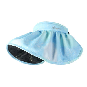 Blue pleated brim sun visor hat with white floral pattern and mesh lining.