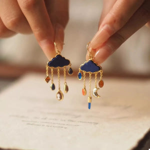 18K gold-plated blue cloud dangle earrings with colorful charms and moon accents