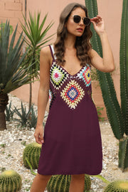 Burgundy maxi dress with colorful crochet yoke and spaghetti straps