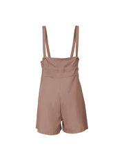 Camel high-waisted drawstring suspender shorts with a cinched waist detail.