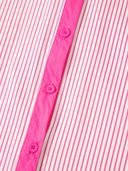 Button-down mini dress with pink and white stripes and a bright pink placket and buttons.