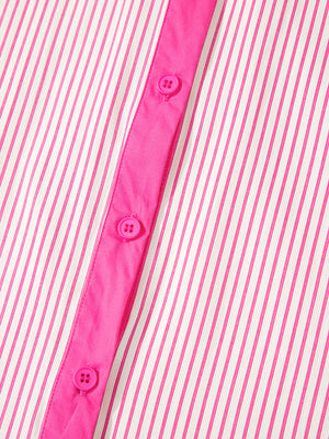 Button-down mini dress with pink and white stripes and a bright pink placket and buttons.