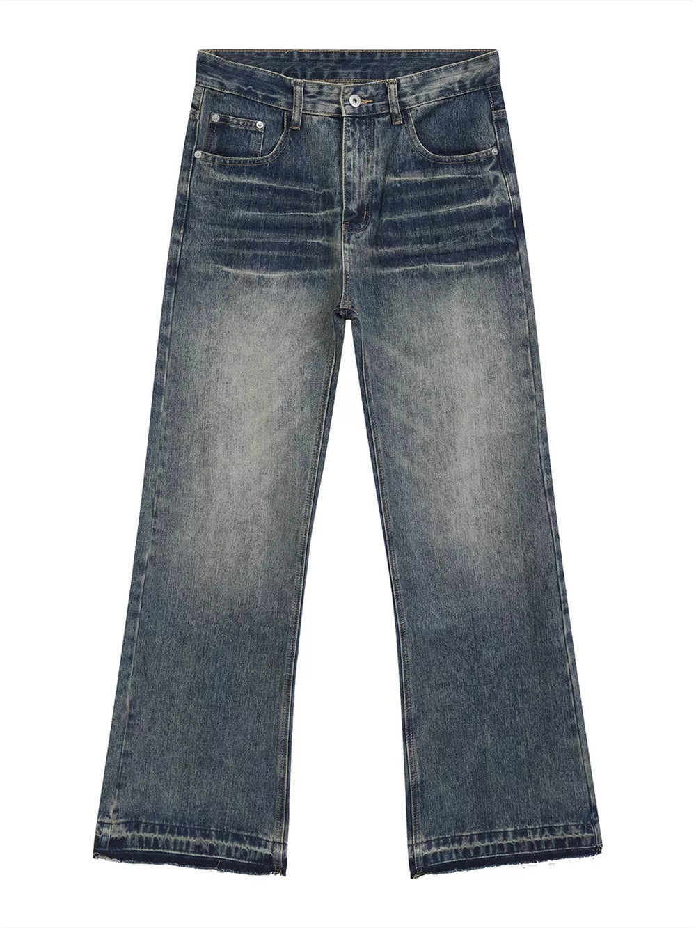 Men's loose fit vintage wash blue denim jeans with frayed hem