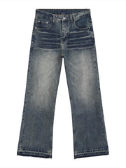 Men's loose fit vintage wash blue denim jeans with frayed hem