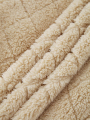 Tan textured teddy zip-up jacket detail showing plush fleece fabric.