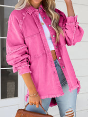 Fuchsia frayed denim overshirt jacket with button front and distressed details.