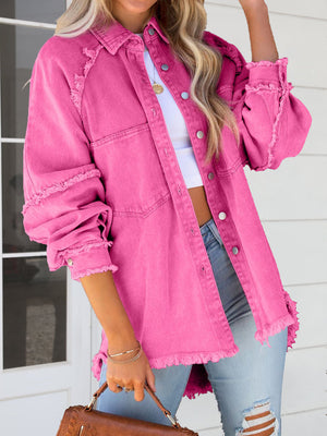 Fuchsia frayed denim overshirt jacket with button front and distressed details.