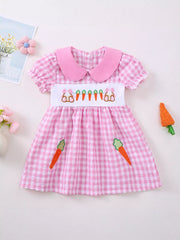 Pink gingham baby dress with bunny and carrot embroidery, Peter Pan collar.