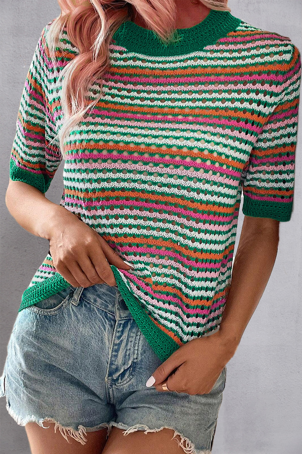 Open-knit striped mock neck top with short sleeves in multicolor acrylic blend.
