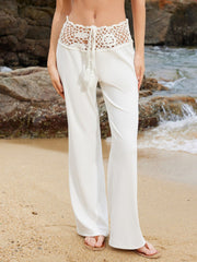 White crochet cutout wide leg pants with tassel drawstring detail
