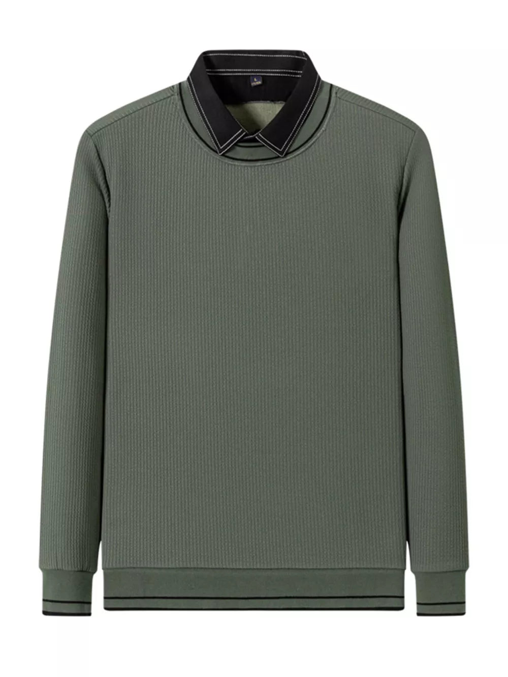 Sage ribbed knit sweater with a black collar and contrast stitching.