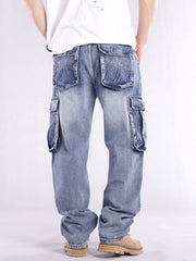 Relaxed fit light wash denim cargo jeans with flap pockets and contrast stitching.