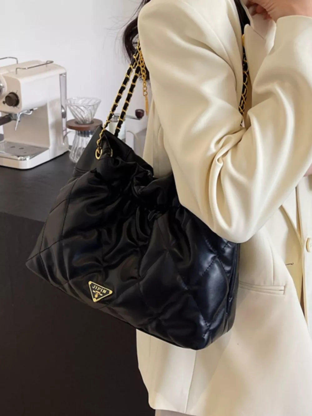 Ruched Leather Shoulder Bag in Black, fit detail