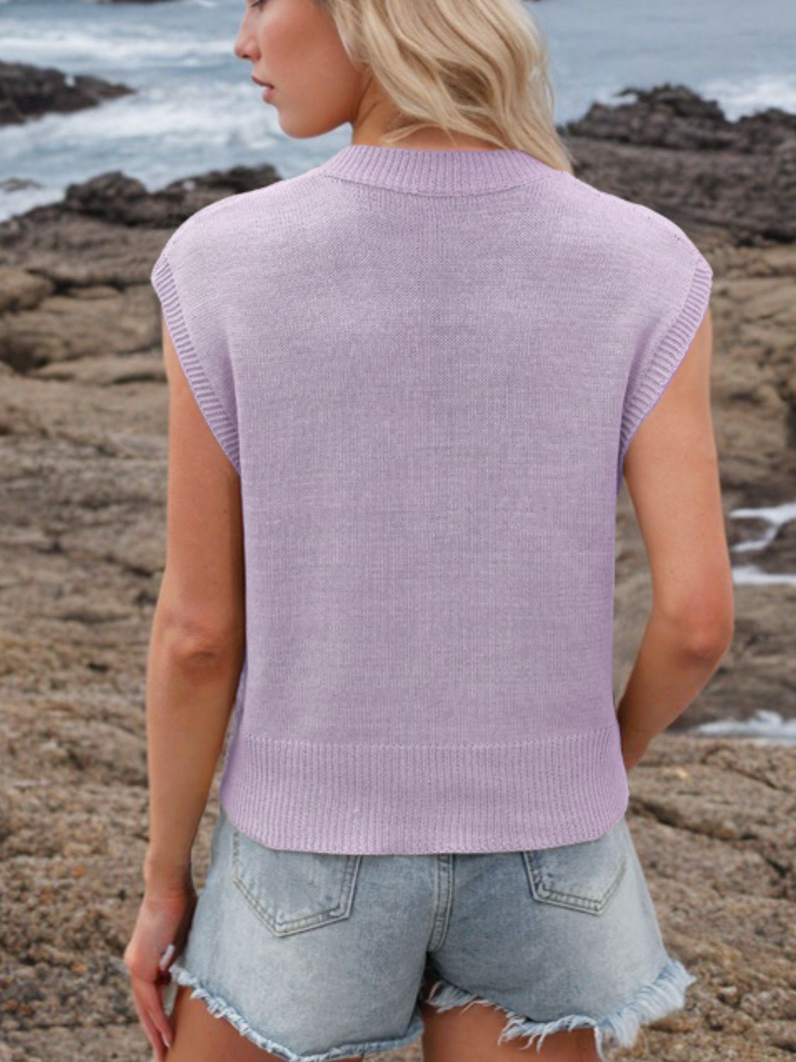 Luxe Knit V-Neck Sleeveless Top in Pink Purple, a casual knit sweater vest.