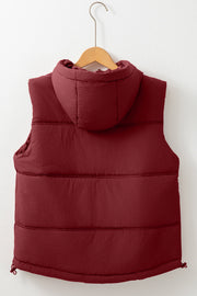 Burgundy quilted hooded puffer vest with drawcord hem detail