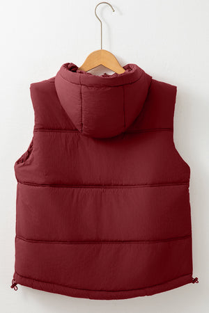 Burgundy quilted hooded puffer vest with drawcord hem detail