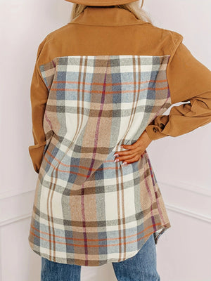 Caramel shacket with plaid back panel and contrast sleeves.