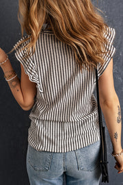 Textured stripe cap sleeve blouse with flutter sleeves.