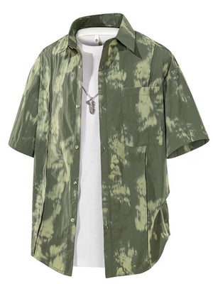 Men's green tie-dye print short sleeve buttoned casual shirt with chest pocket.