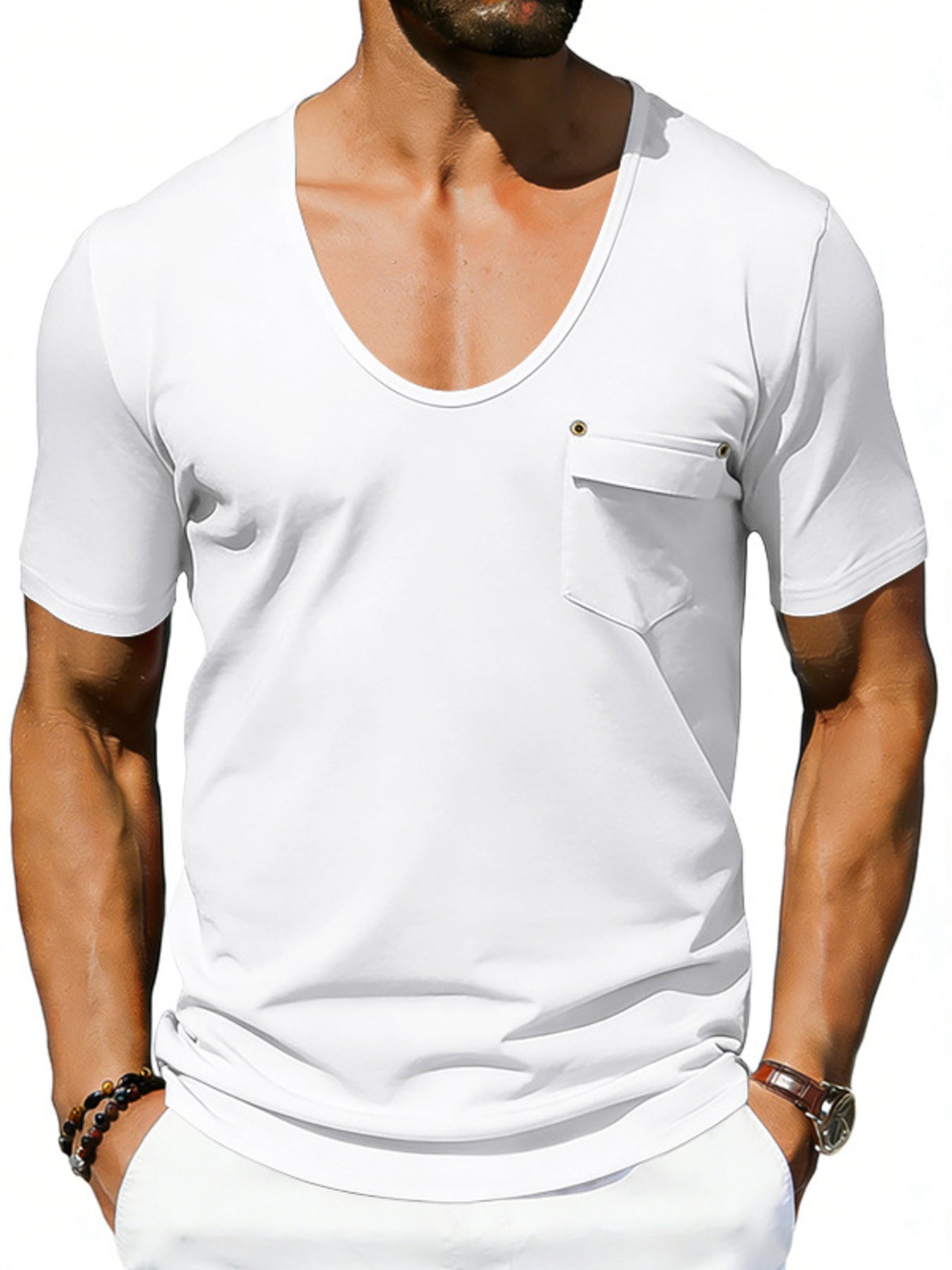 White cotton blend tee with scoop neck and chest pocket.
