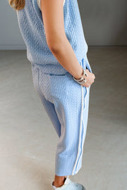 Light blue cable knit tracksuit pants with white side stripe detail