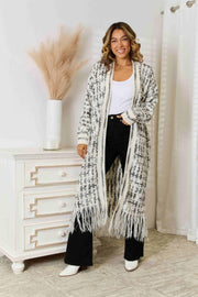 Chromatic crochet maxi cardigan with fringe in Black/White, featuring a boho style and acrylic material.