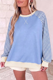 Plaid Raglan Sleeve Sweatshirt in Light Blue, front view