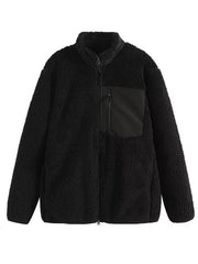 Black sherpa zip-up jacket with mock neck and black patch chest pocket with zipper.