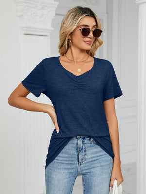 Blue ruched V-neck jersey t-shirt with short sleeves.