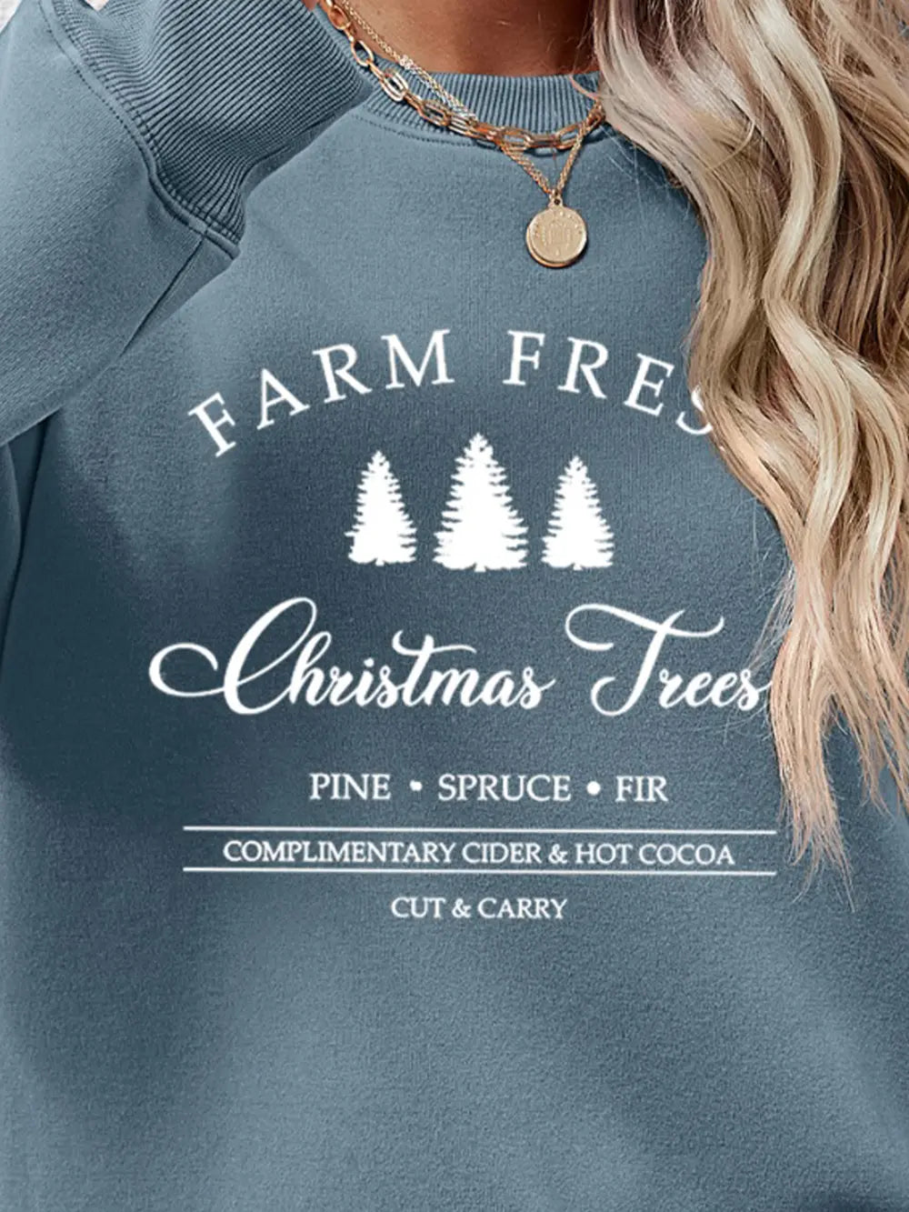 Misty Blue graphic sweatshirt with "Farm Fresh Christmas Trees" print and crewneck.