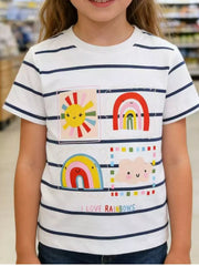 Baby t-shirt with navy stripes, featuring rainbow and sun graphics and "I Love Rainbows" text.