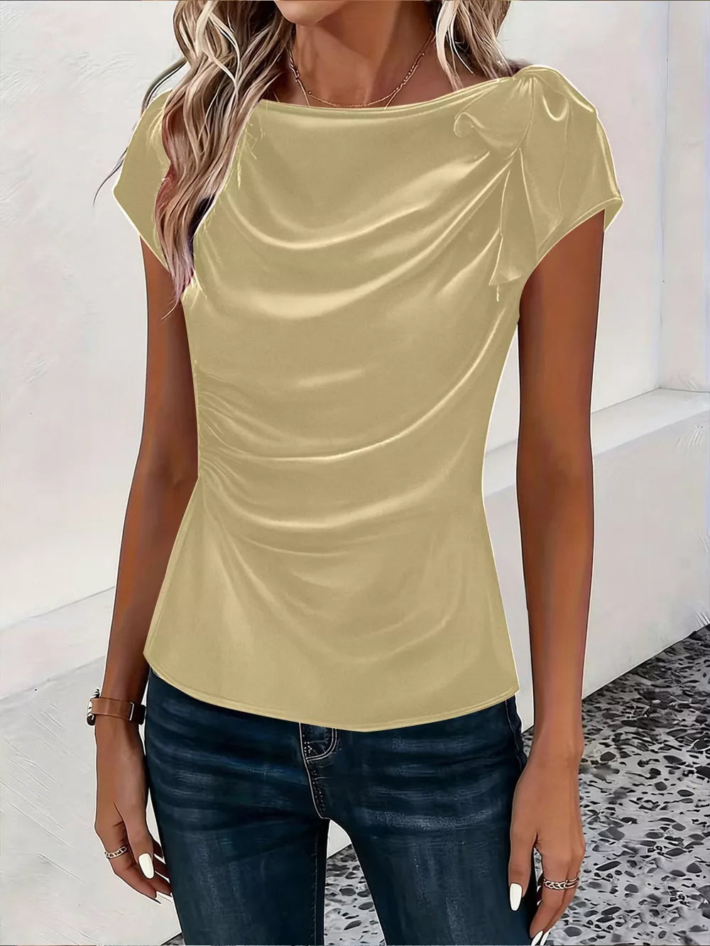 Ruched Short Sleeve Satin Top in Brown, fit detail