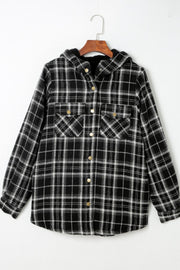 Black plaid sherpa-lined overshirt jacket with button front and chest pockets.