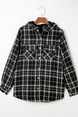 Black plaid sherpa-lined overshirt jacket with button front and chest pockets.