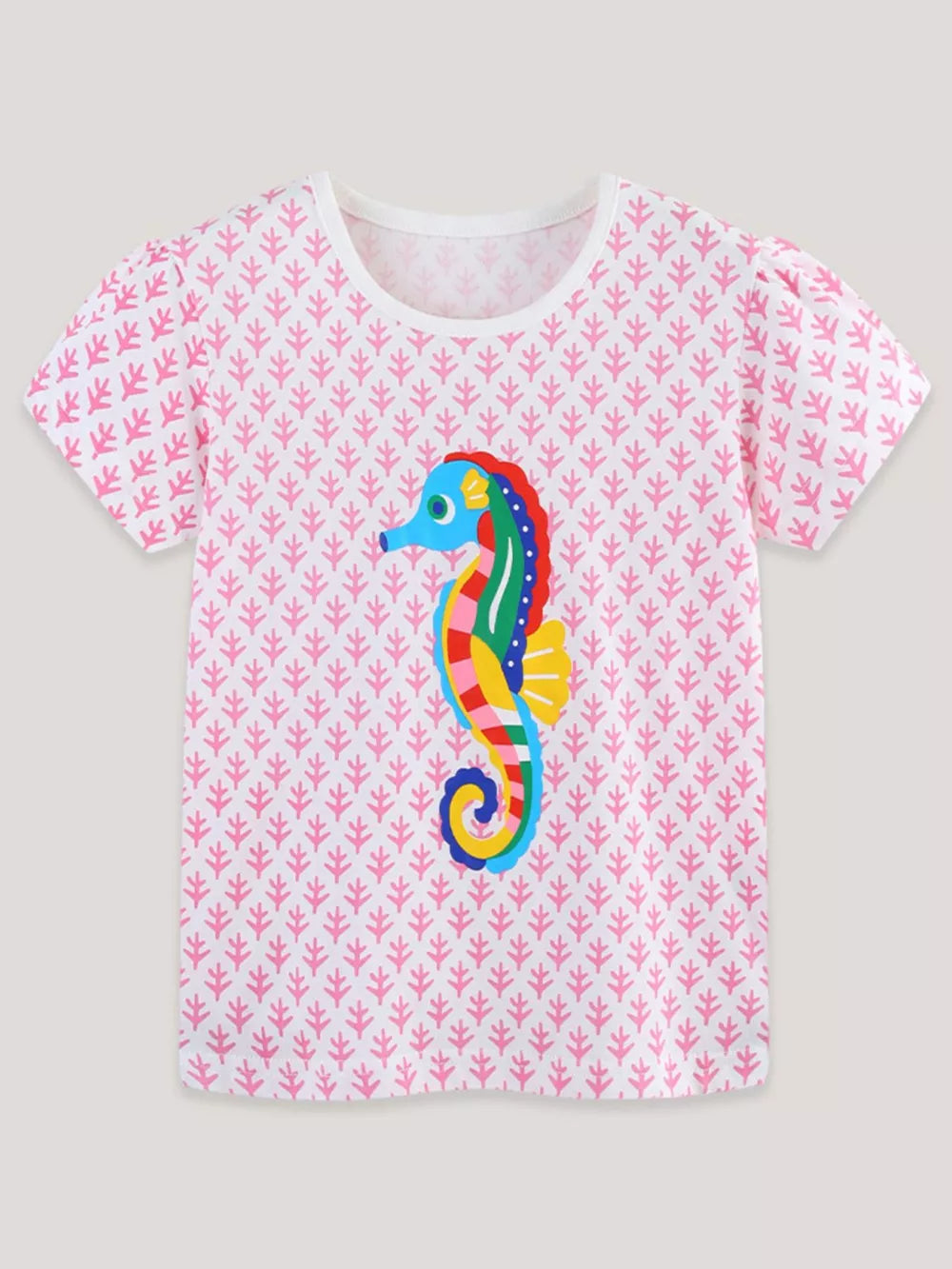 Toddler blush pink cotton tee with coral pattern and colorful seahorse graphic.