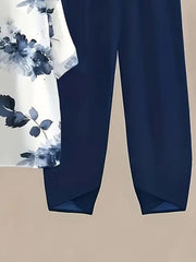 Floral print half sleeve top with dark blue pants set