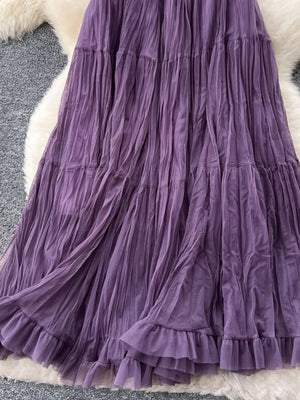 Purple tiered tulle skirt with ruffled hem and lining