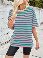Wide stripe relaxed tee with contrast neon green neck and short sleeves.