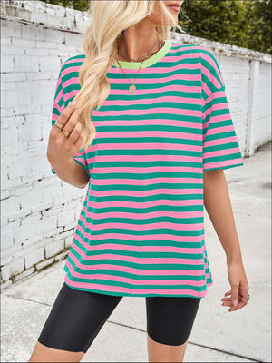 Wide stripe relaxed tee with contrast neon green neck and short sleeves.