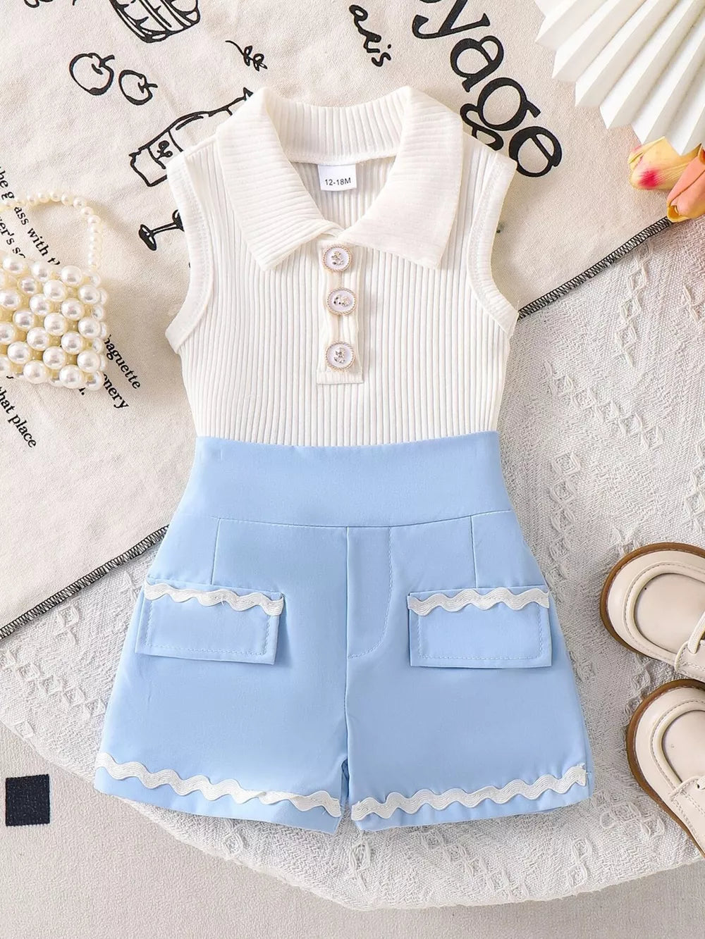 Children's Ribbed Knit Polo Top & Scalloped Shorts Set in Blue, fabric detail