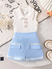 Children's Ribbed Knit Polo Top & Scalloped Shorts Set in Blue, fabric detail