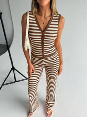 Buttoned knit two-piece set in brown and white stripes with a v-neck sleeveless top and flared pants.
