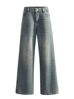 Relaxed wide-leg jeans in vintage blue denim with a faded wash and comfortable fit.
