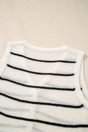 White nautical stripe knit vest with crew neck and sleeveless design.