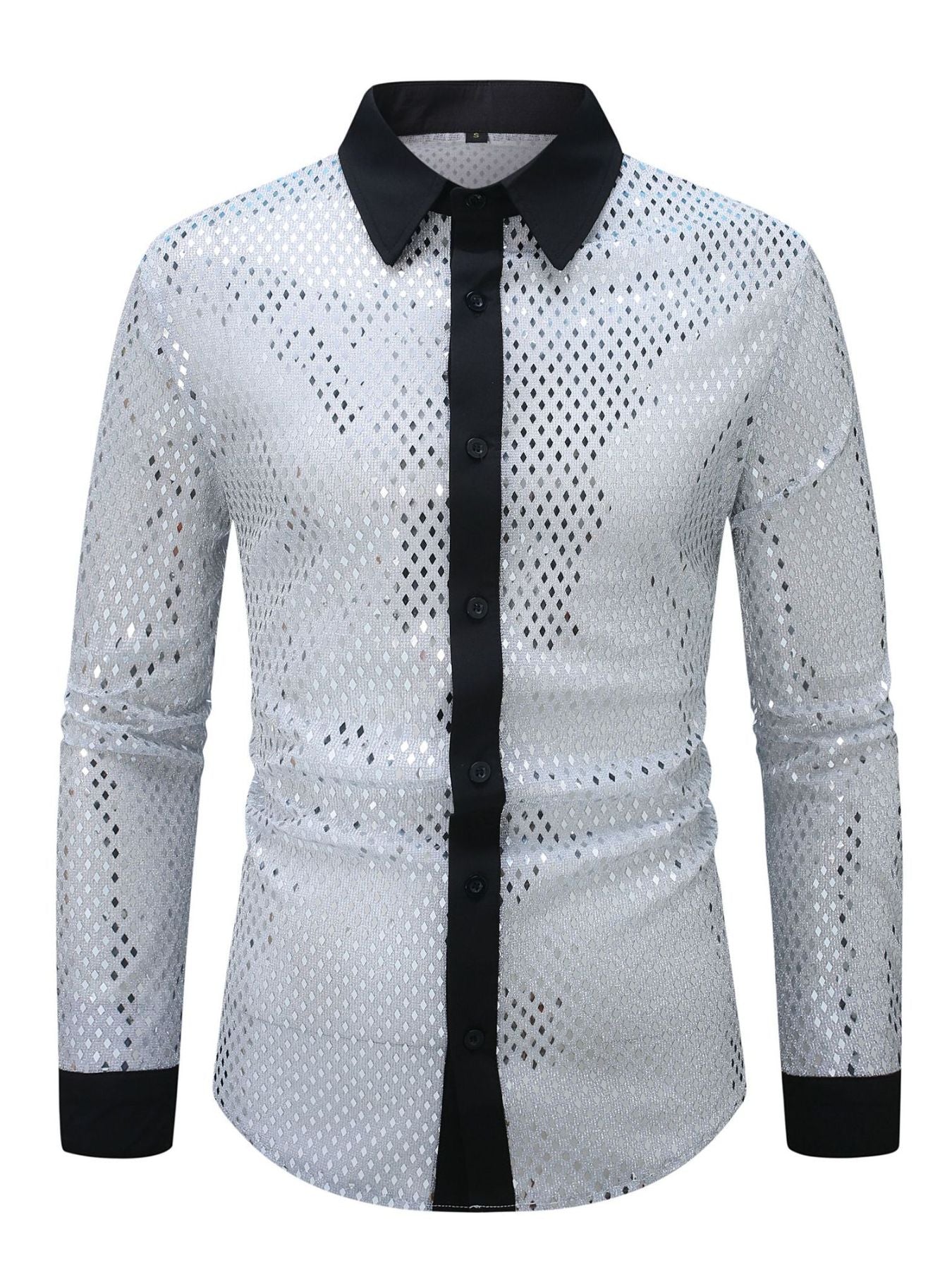 Men's silver openwork long sleeve button-down shirt with black collar and placket