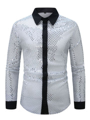 Men's silver openwork long sleeve button-down shirt with black collar and placket