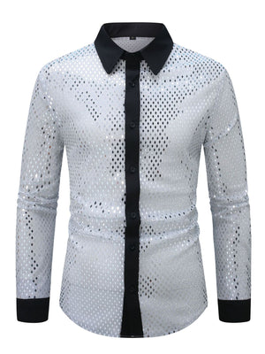 Men's silver openwork long sleeve button-down shirt with black collar and placket