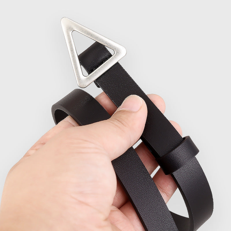 Black cowhide leather belt with silver triangle buckle detail