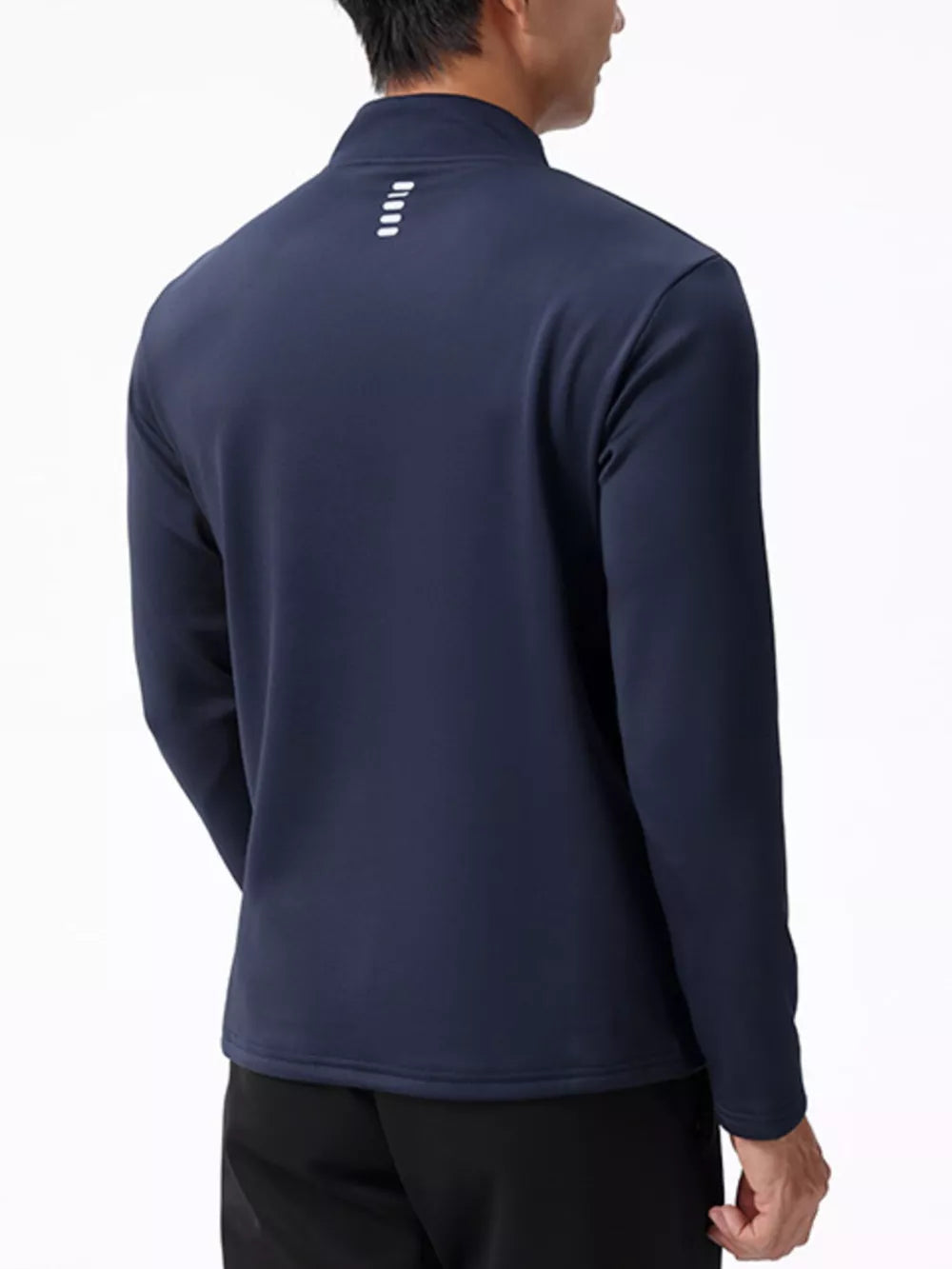 Men's dark navy half-zip sweatshirt with reflective detail on back yoke.